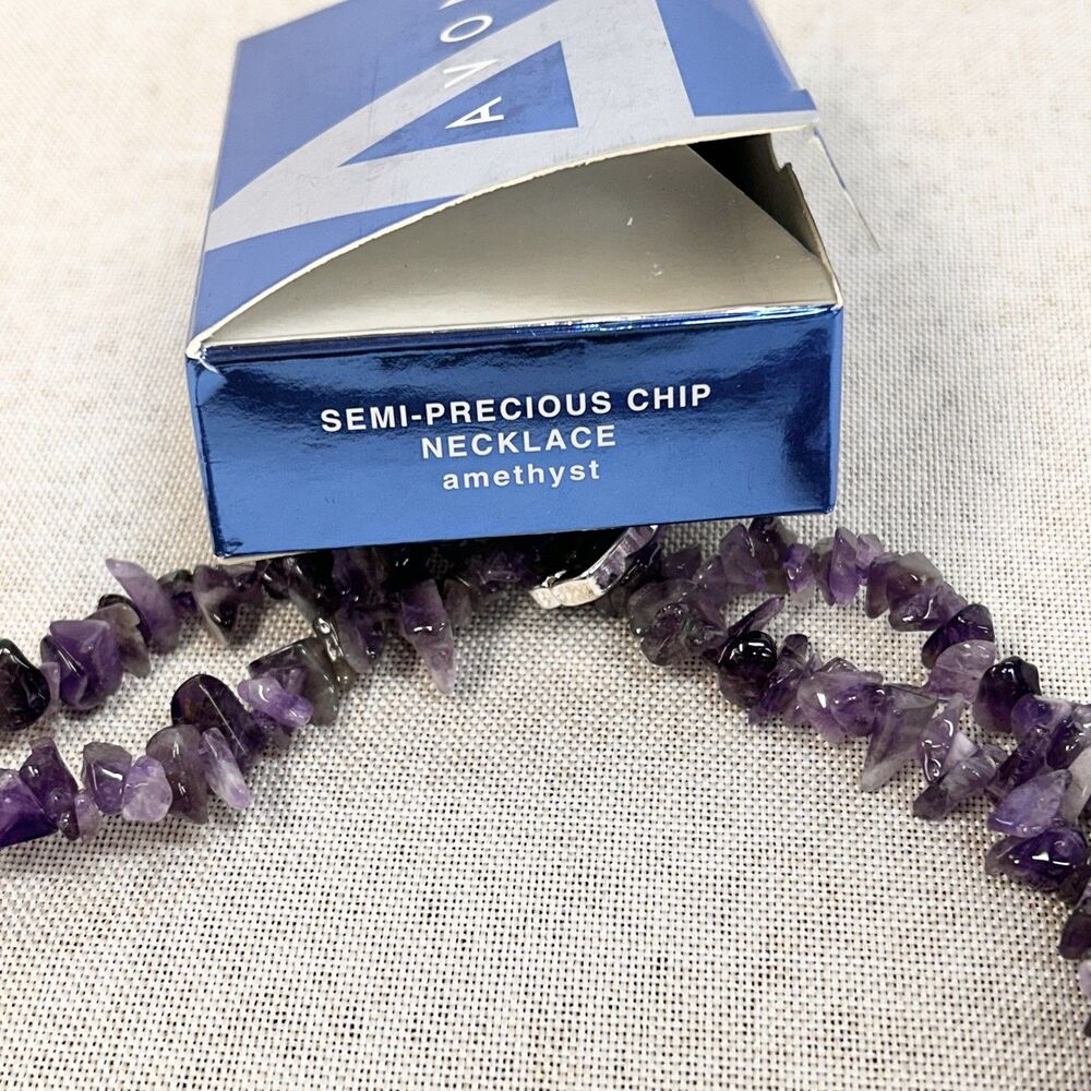 Avon 2006 Amethyst Semi Precious Chip Necklace & Bracelet Gemstone Set 20.5” NIB